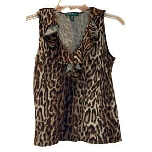 Women's Ralph Lauren Animal Print Sleeveless V-Neck Ruffle Blouse, Size M Petite